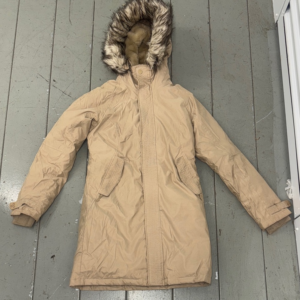 Aritzia Beige Hooded Parka with Faux Fur Trim